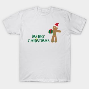 Merry Christmas logo with Yellow star, gingerbread man cookie wearing santa hat,  holding gift on white background T-Shirt